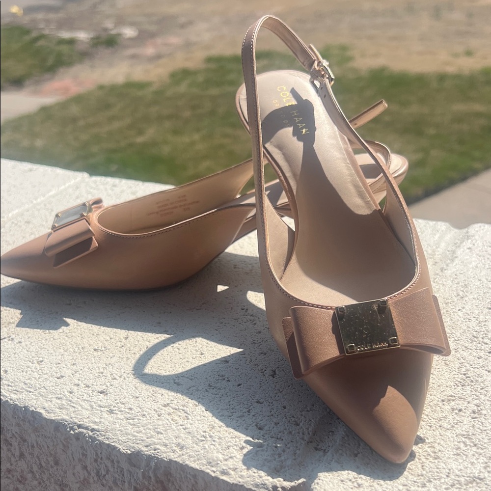 Cole Haan Tan Pink Slingback Heels with Bow Accent